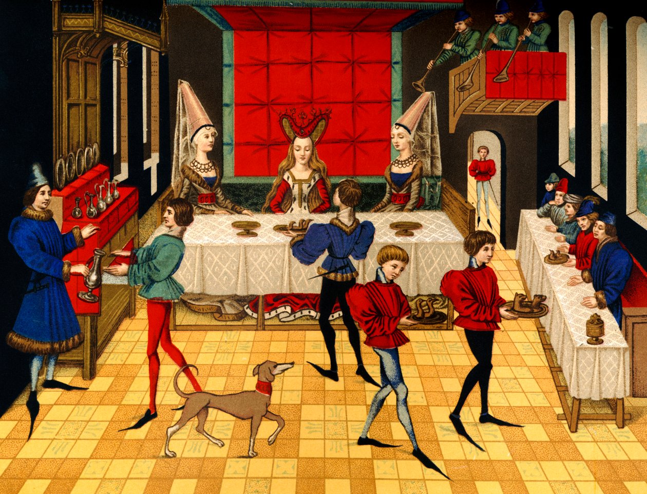 Serviço de mesa medieval - uma senhora do século XV a ser servida ao jantar pelos seus criados de Unbekannter Künstler