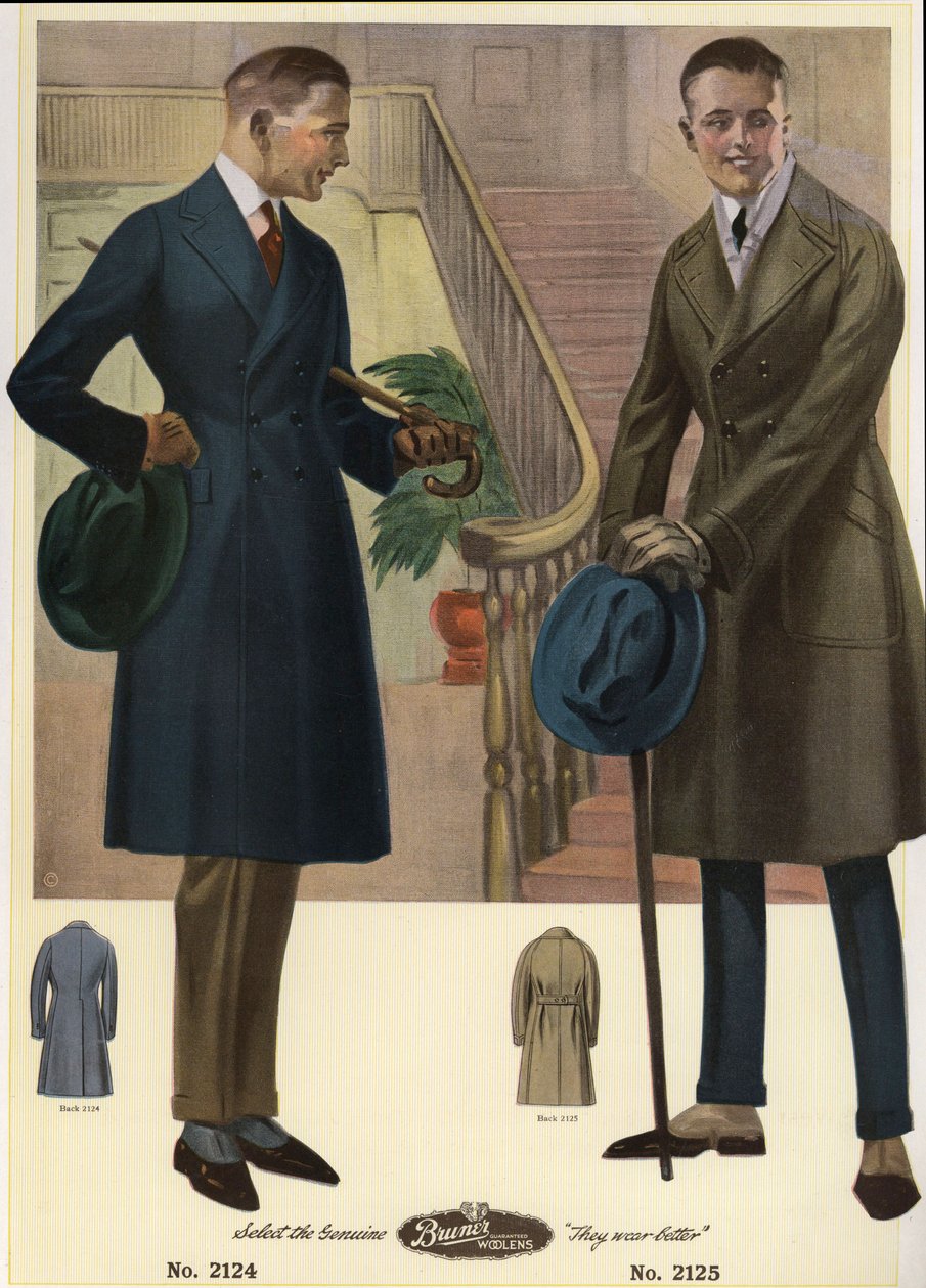 Moda masculina de 1920 - Homens com casacos de trespasse com bengalas e chapéus, usando polainas. Cromolitografia de um catálogo de moda masculina da Bruner Woolens de Unbekannter Künstler