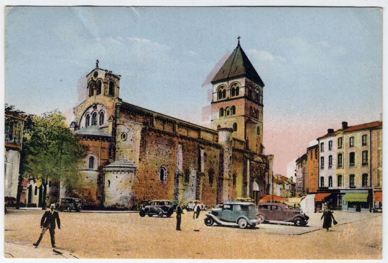 Midi Pyrenees, Haute-Garonne (31), Saint Gaudens (Saint-Gaudens): vista exterior da igreja colegial de São Pedro e Saint Gaudens (Saint-Pierre e Saint-Gaudens) - Cartão postal de 1951 de William M. Timlin