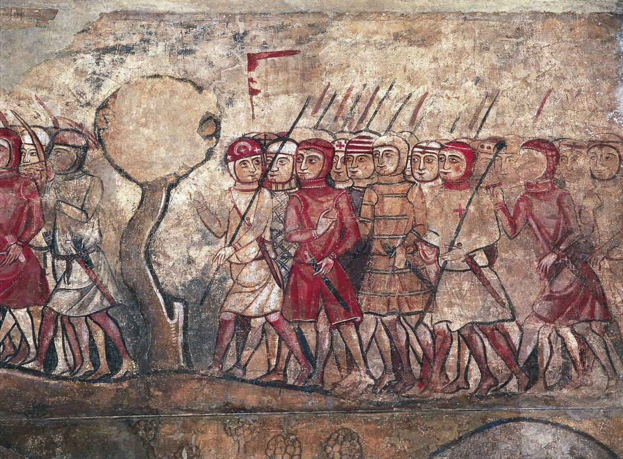 Assembleia militar presidida pelo rei Jaime I de Aragão, conhecido como o Conquistador, fresco do Palau Reial Major, Barcelona de Unbekannter Künstler
