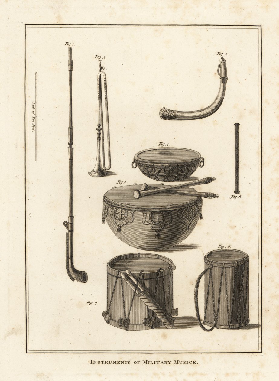 Instrumentos musicais militares: trompete, trompa, pífaro, tambor, tambor lateral de Unbekannt
