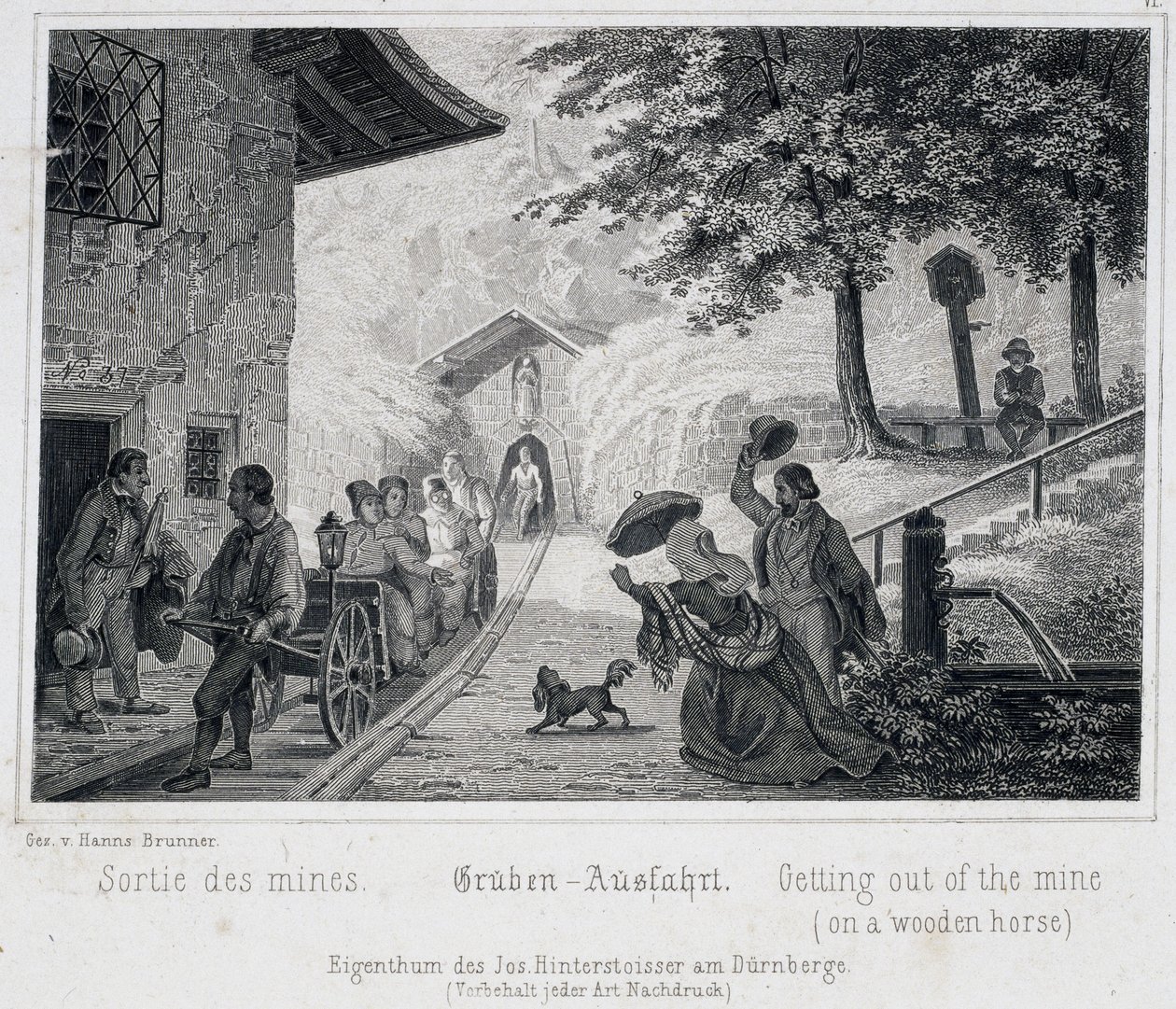 Mina de sal: a saída de turistas da mina em um veículo de madeira puxado sobre trilhos, em Durrnburg, Áustria, por volta de 1850 de Unbekannt