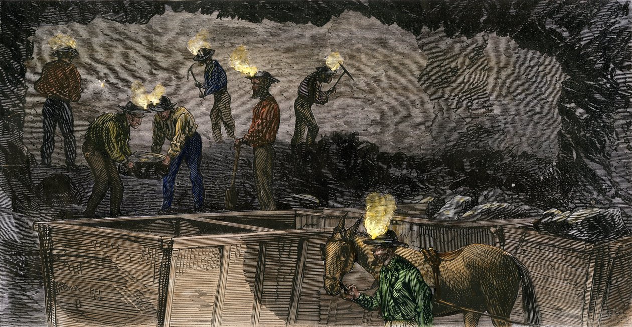 Mineiros a escavar a mina e a carregar o carvão em pequenos carros puxados por mulas, na Pensilvânia. Gravura a cores de 1860. de Unbekannter Künstler