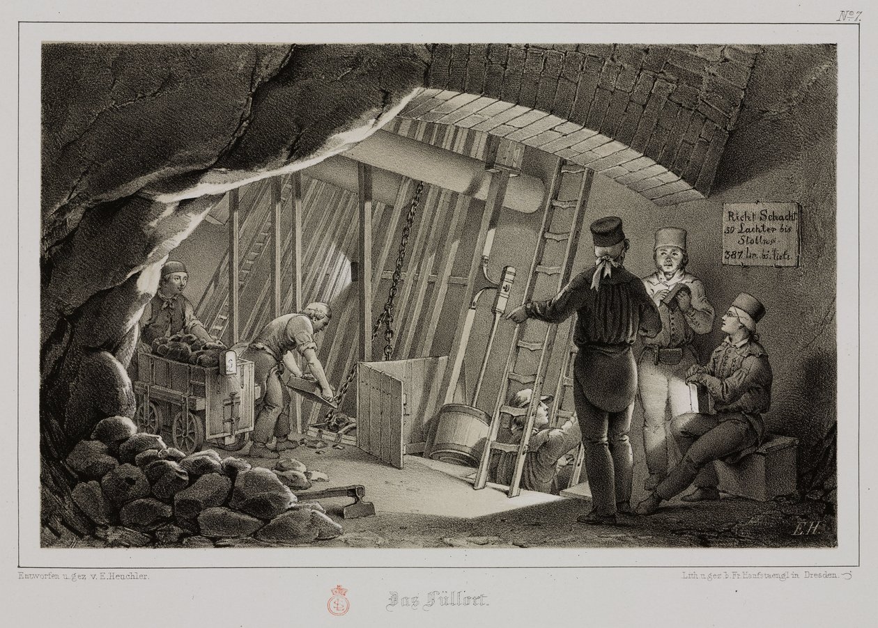 Mineração, estação de enchimento de minérios metálicos numa mina, c 1851 de Unbekannt