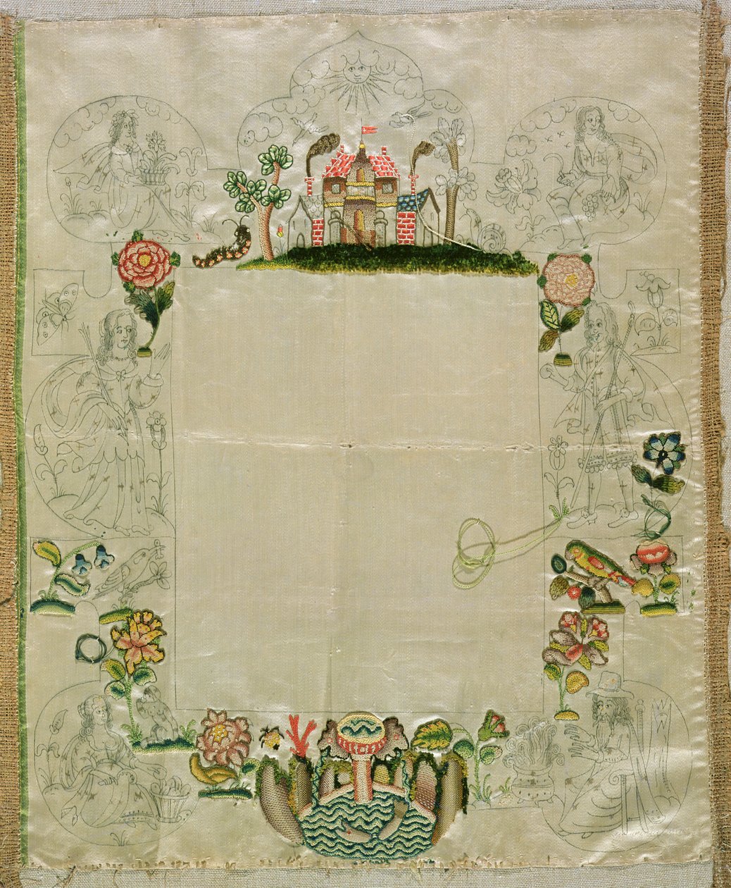 Moldura de espelho, bordado inacabado em seda colorida, meados do século XVII de Unbekannt