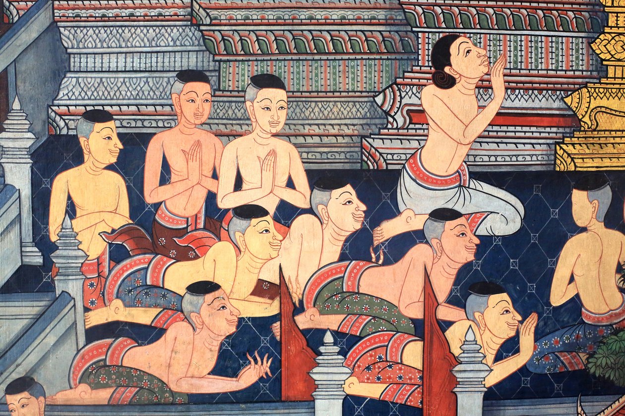 Monges. Detalhe mural nas paredes internas do Vihara da época do rei Rama III retratando o Ramakian. Wat Pho - Wat Phra Chettuphon. 1788. Banguecoque. Tailândia de Unbekannt
