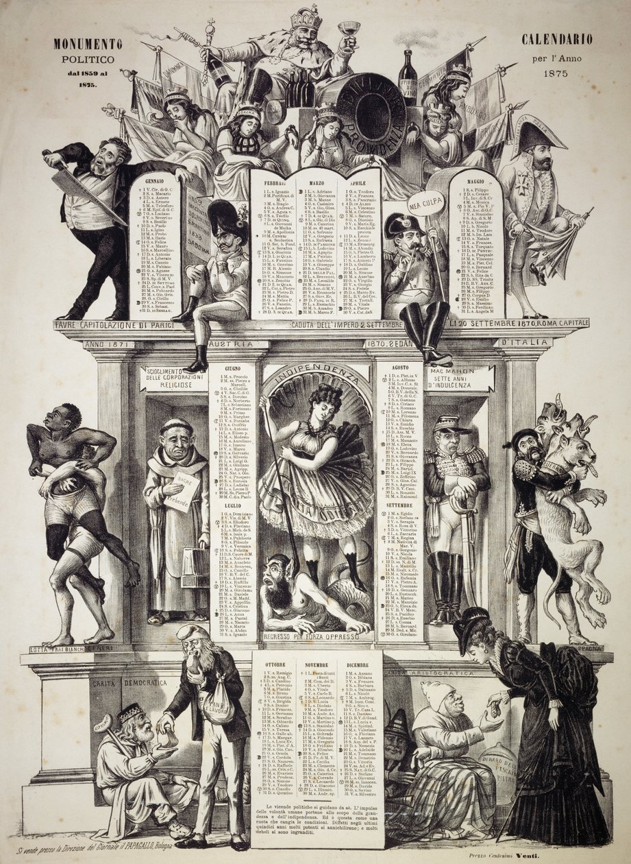 Calendário político monumental, ano 1875, de Giorgio Ansaldi também conhecido como Dalsani (1844-1922), em baixo à esquerda, inscrição manuscrita de Grossi Augusto, fundador do jornal satírico Il Pappagallo (O Papagaio), Itália de William M. Timlin