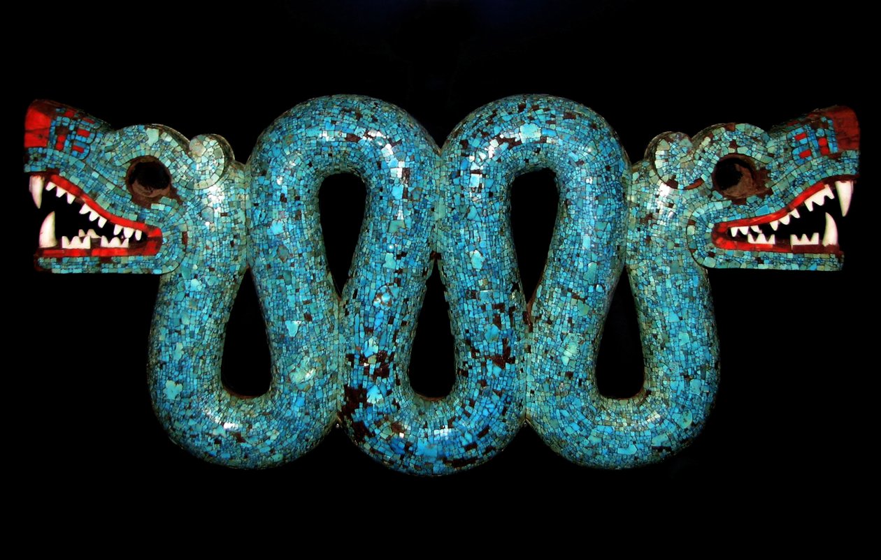 Mosaico de uma serpente de duas cabeças para utilização como peitoral cerimonial. Azteca, Mixteca, México. Século XV-XVI d.C. (mosaico) de Unbekannter Künstler