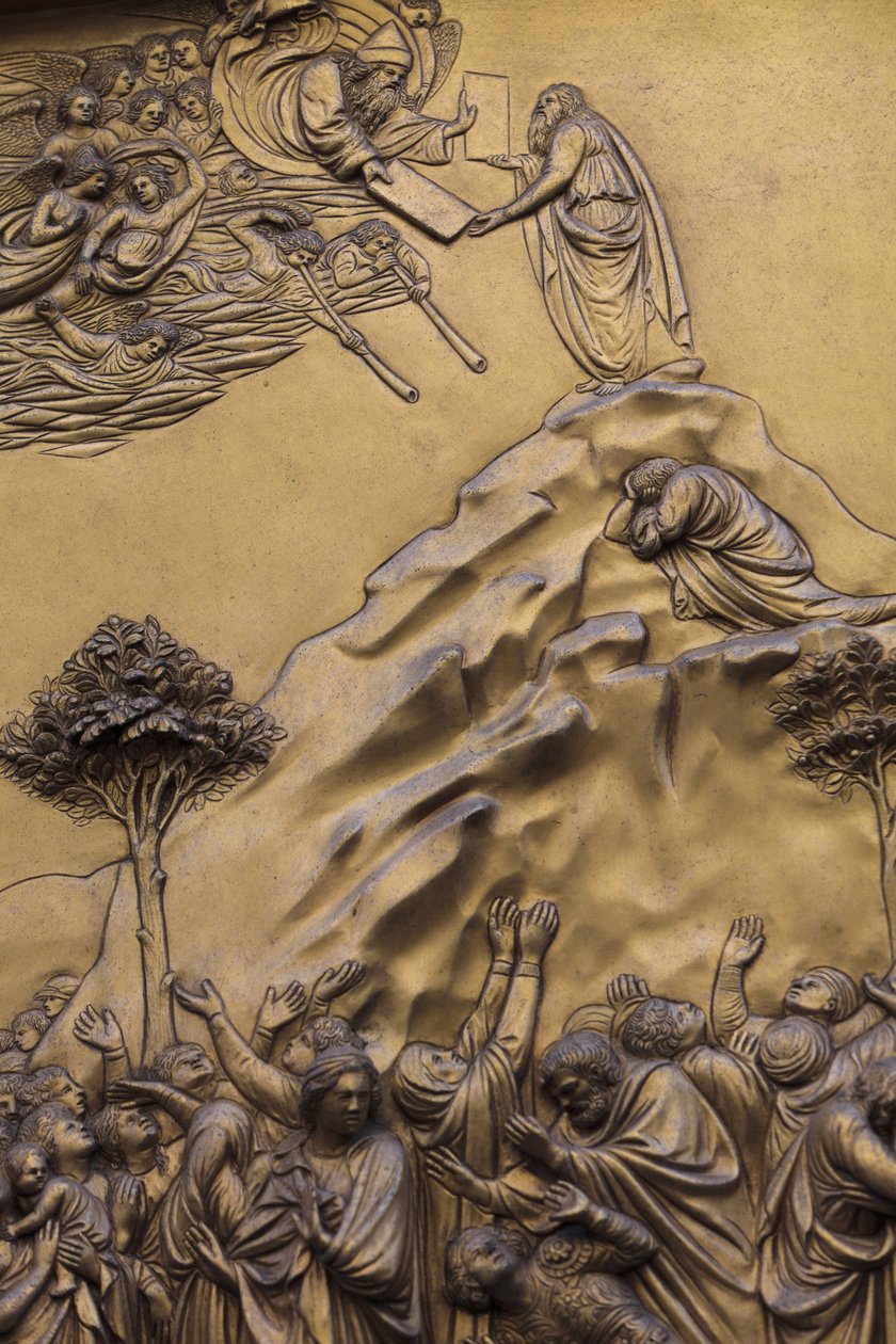 Moisés recebe os Dez MandamentosPorta Oriental do Batistério de Firenze, também chamado Portões do Céu por Michelangelo escultura de bronze do século 15 de Lorenzo Ghiberti (1425-1452), Florença, Itália de Unbekannt