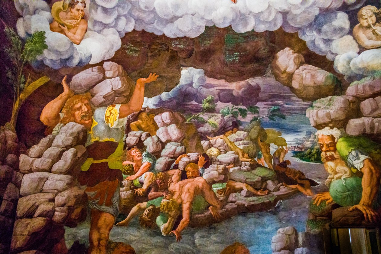 O mais famoso fresco do Maneirismo: A ilusão de Giulio Romano inventa uma cúpula e dissolve a arquitectura da sala na queda dos gigantes, Salão dos Gigantes de Unbekannter Künstler