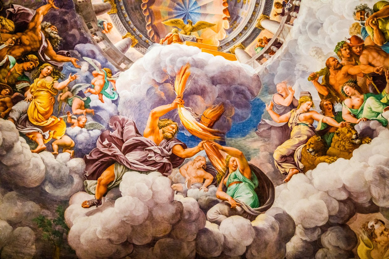 O mais famoso fresco do Maneirismo: A ilusão de Giulio Romano inventa uma cúpula e dissolve a arquitectura da sala na queda dos gigantes, Salão dos Gigantes de Unbekannter Künstler