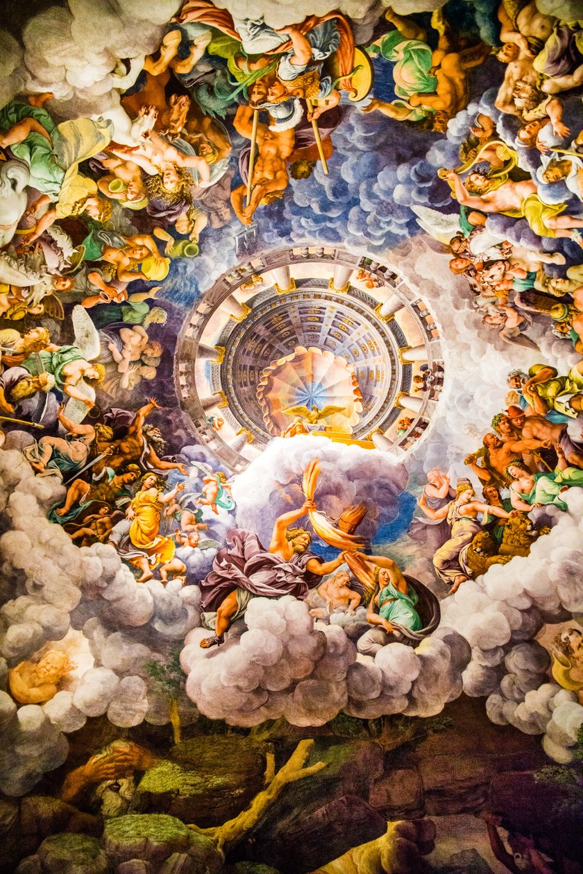 O mais famoso fresco do Maneirismo: A ilusão de Giulio Romano inventa uma cúpula e dissolve a arquitectura da sala na queda dos gigantes, Salão dos Gigantes de Unbekannter Künstler