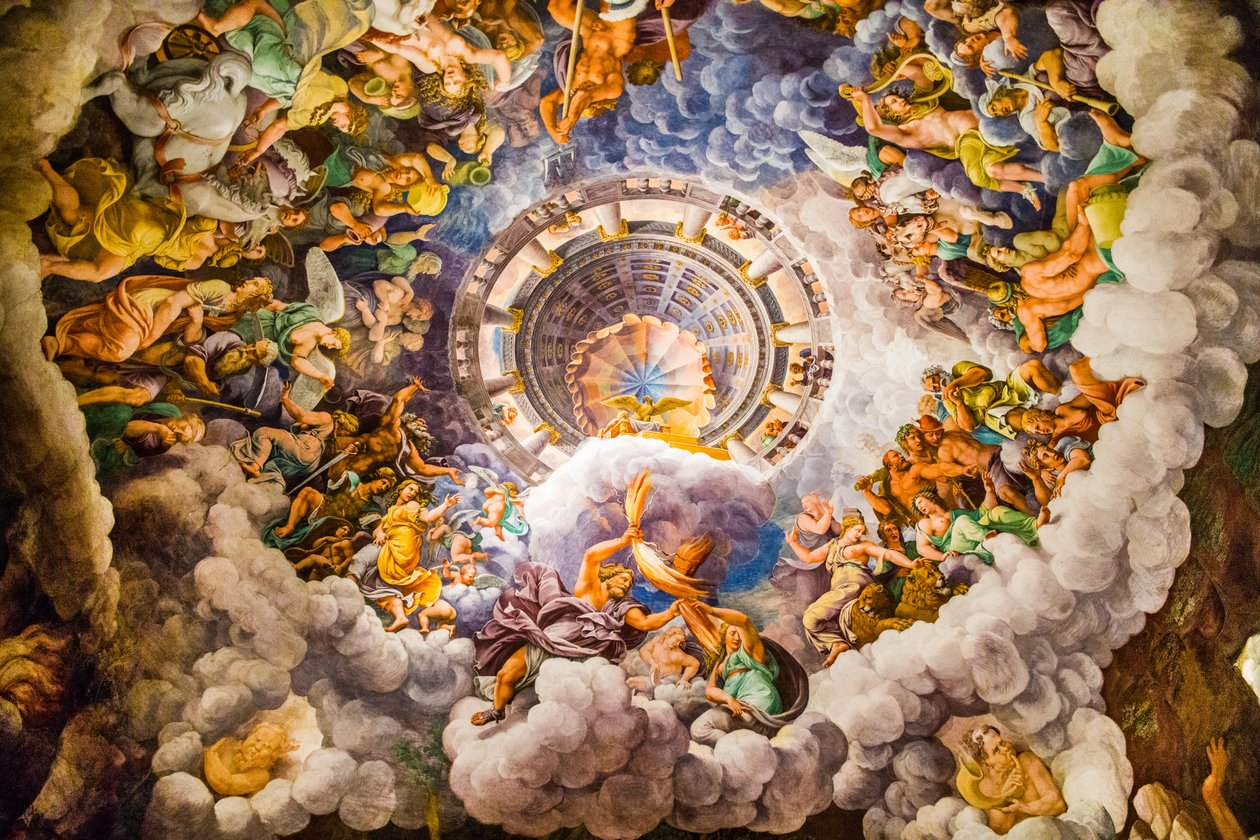 O mais famoso fresco do Maneirismo: A ilusão de Giulio Romano inventa uma cúpula e dissolve a arquitectura da sala na queda dos gigantes, Salão dos Gigantes de Unbekannter Künstler