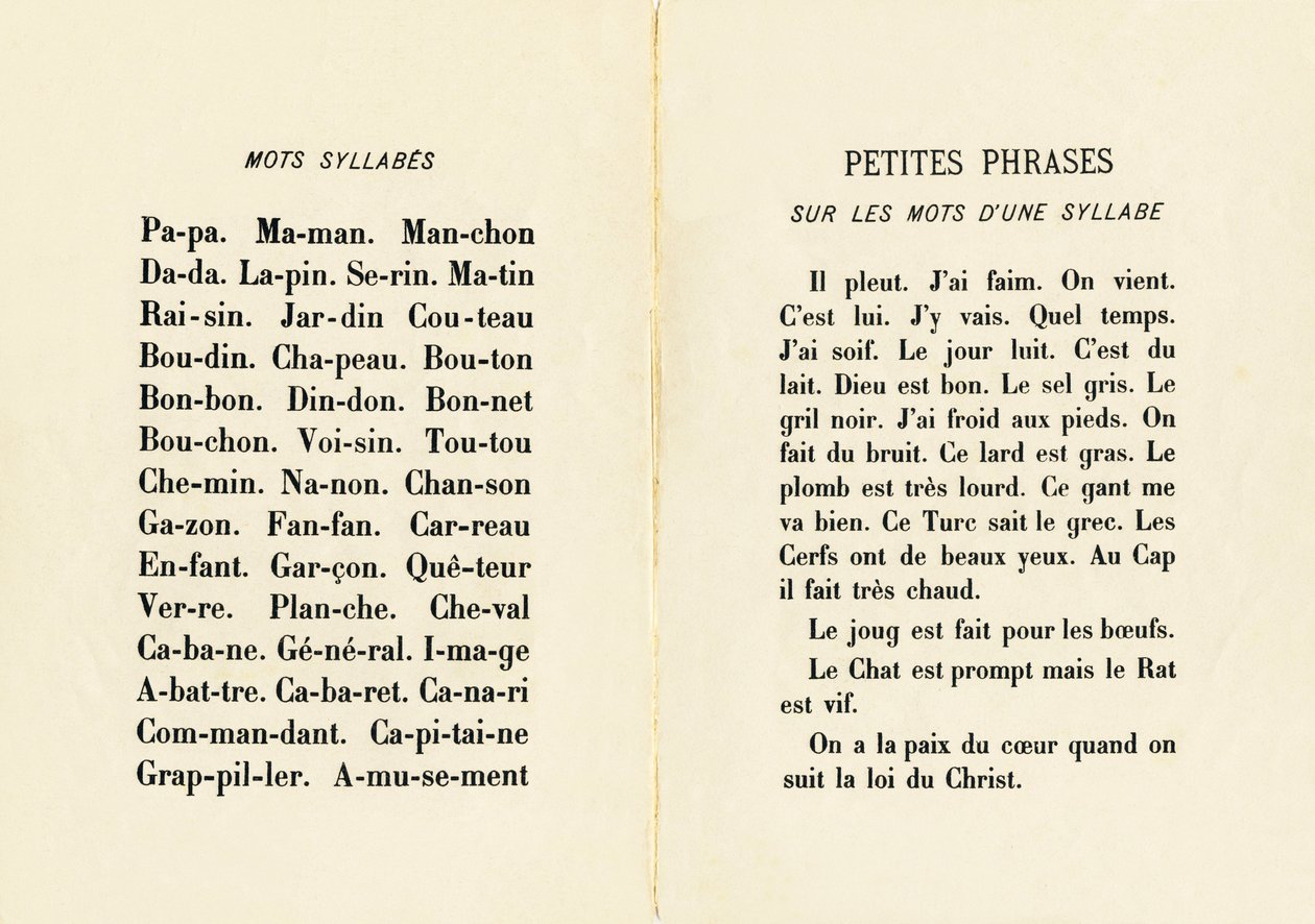 Palavras sílabas e frases pequenas em uma palavra sílaba - Gravura extraída do ABCD des petites filles. Pellerin & Cie, gráfica editora, Epinal, por volta de 1890. Serie A. Dimensões : 19 x 13,5 cm. de Unbekannt