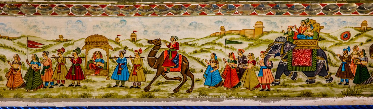 Mural, Patwon-Ki-Haveli, Jaisalmer, uma cidade exótica no deserto de Thar, Jaisalmer, Rajasthan, Índia, Ásia (foto) de Unbekannter Künstler