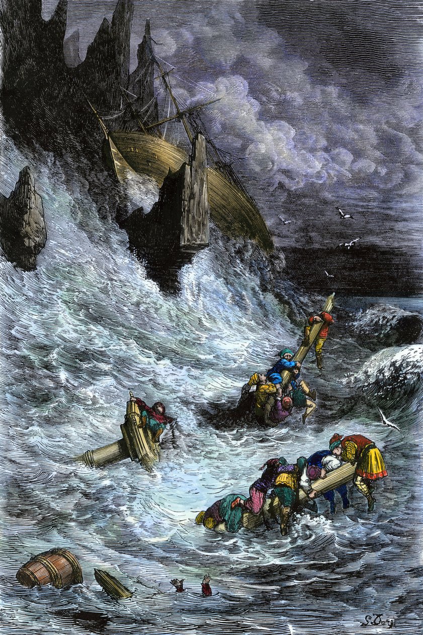 Mitos e lendas: Sinbad (Sindbad) e os seus companheiros após as 1001 noites (mil e uma noites). Gravura a cores de Gustave Dore. de Unbekannter Künstler