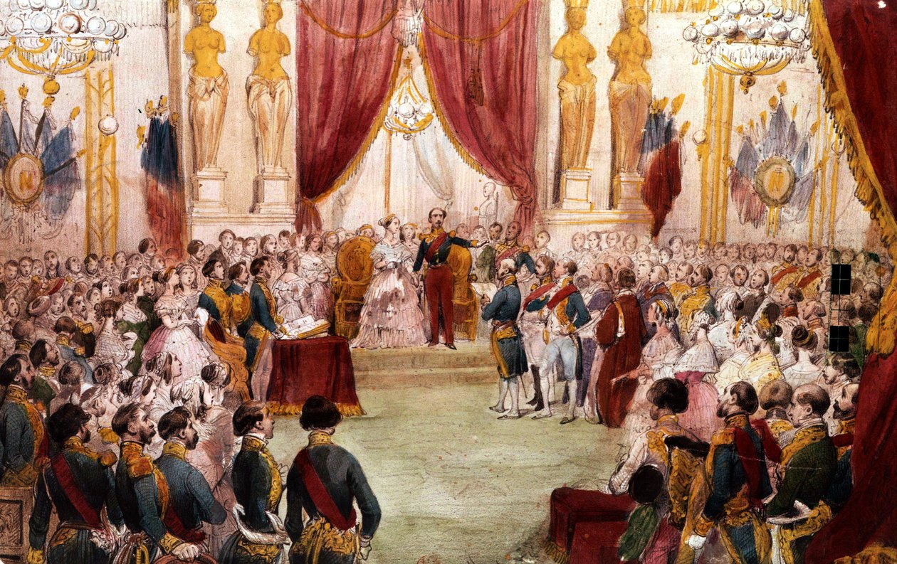 Casamento civil de Napoleão III em 1853: o imperador apresenta a sua esposa Eugénia à corte, aguarela do século XIX de Unbekannter Künstler