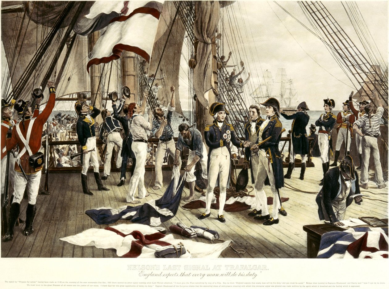 Guerras Napoleónicas: o último sinal do Almirante Horatio Nelson (1758-1805) na Batalha de Trafalgar de Unbekannter Künstler