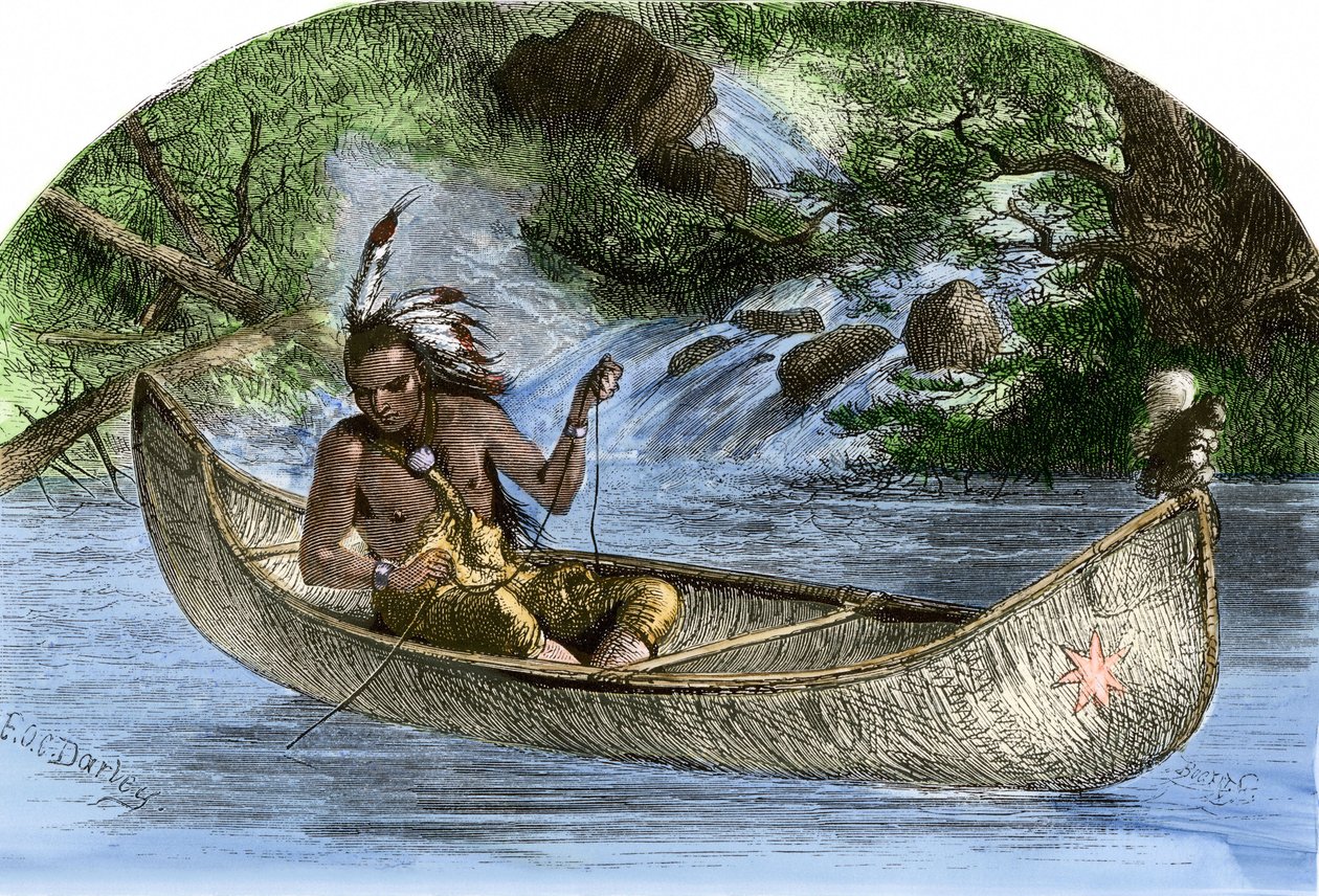 População nativa da América: Índios. Hiawatha a pescar numa canoa. Gravura a cores do século XIX. de Unbekannter Künstler