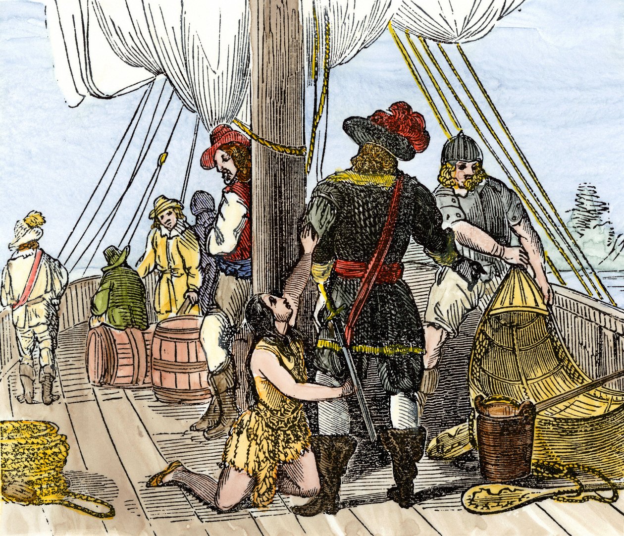 População nativa da América: Índios. Pocahontas capturada a bordo de um navio de Jamestown. Gravura a cores do século XIX. de Unbekannter Künstler