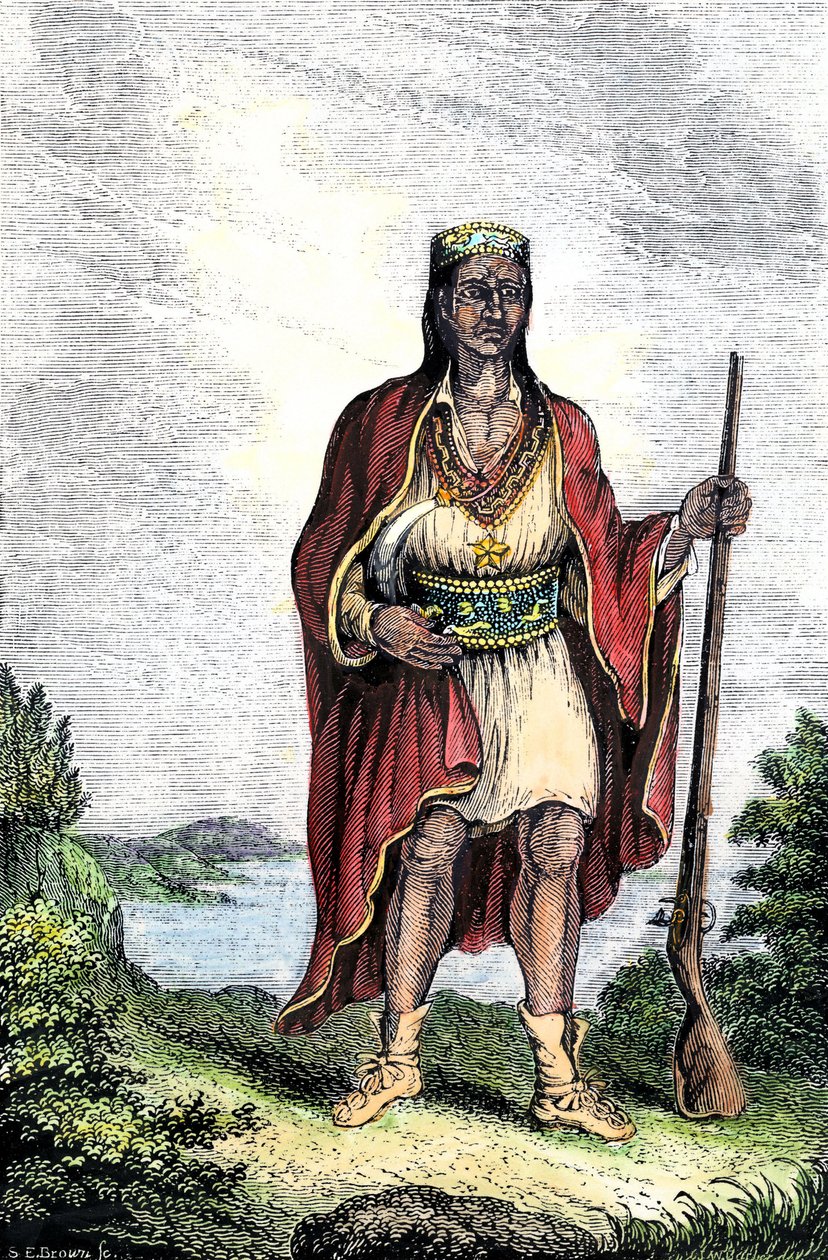 População nativa da América: Índios dos Estados Unidos. Metacomet (c. 1639-1676), também conhecido como Rei Filipe ou Metacom, chefe dos Wampanoag (Massachusetts, Nova Inglaterra). Gravura a cores. de Unbekannter Künstler