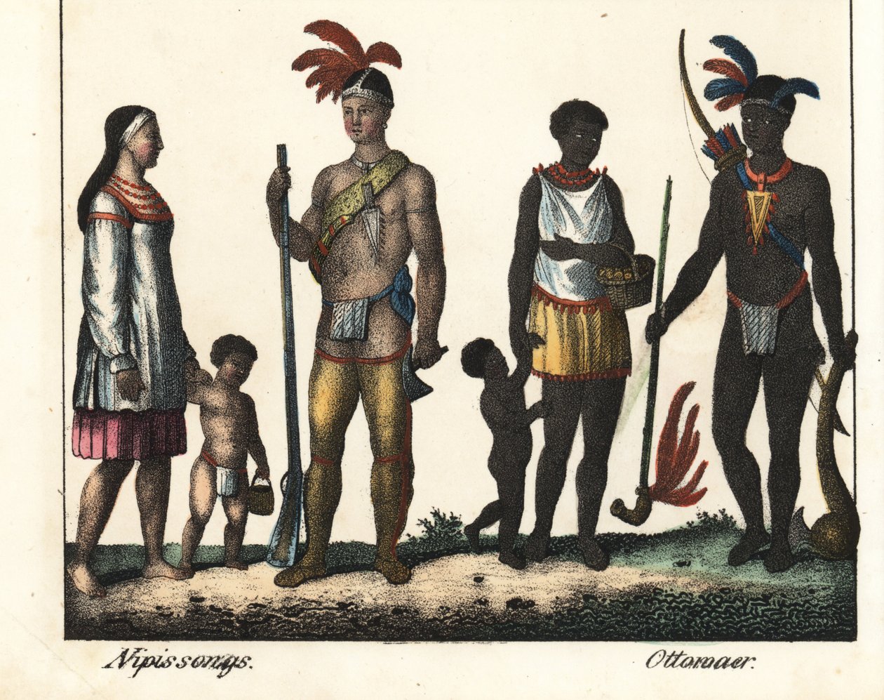 Nativos do Canadá: uma família de índios do lago Nipissing e uma família de índios da região de Ottawa. Litografia para o livro: "Galerie complete en tableaux fideles des peuples d