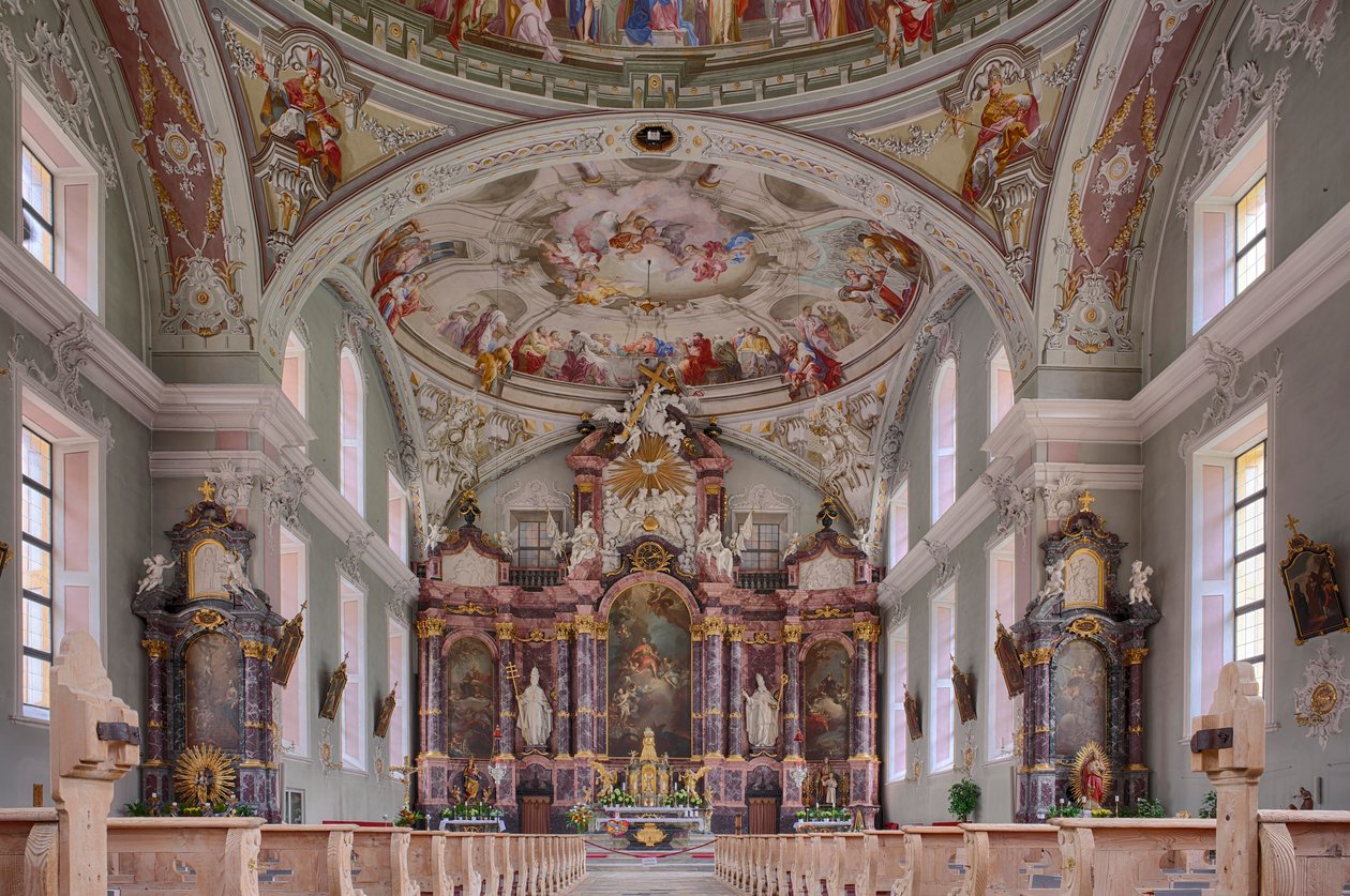 Nave, altar, pintura de tecto, fotografia de interior, Igreja Paroquial Católica de São Jorge, Neustift, Vale do Stubai, Tirol, Áustria, Europa (foto) de Unbekannter Künstler