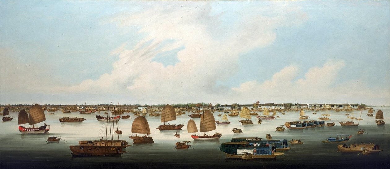 "Navegação no rio das Pérolas (ou Zhu Jiang, rio de Cantão), ao largo da costa da ilha de Henan, com vista para as fábricas europeias de Cantão (China) de Unbekannter Künstler