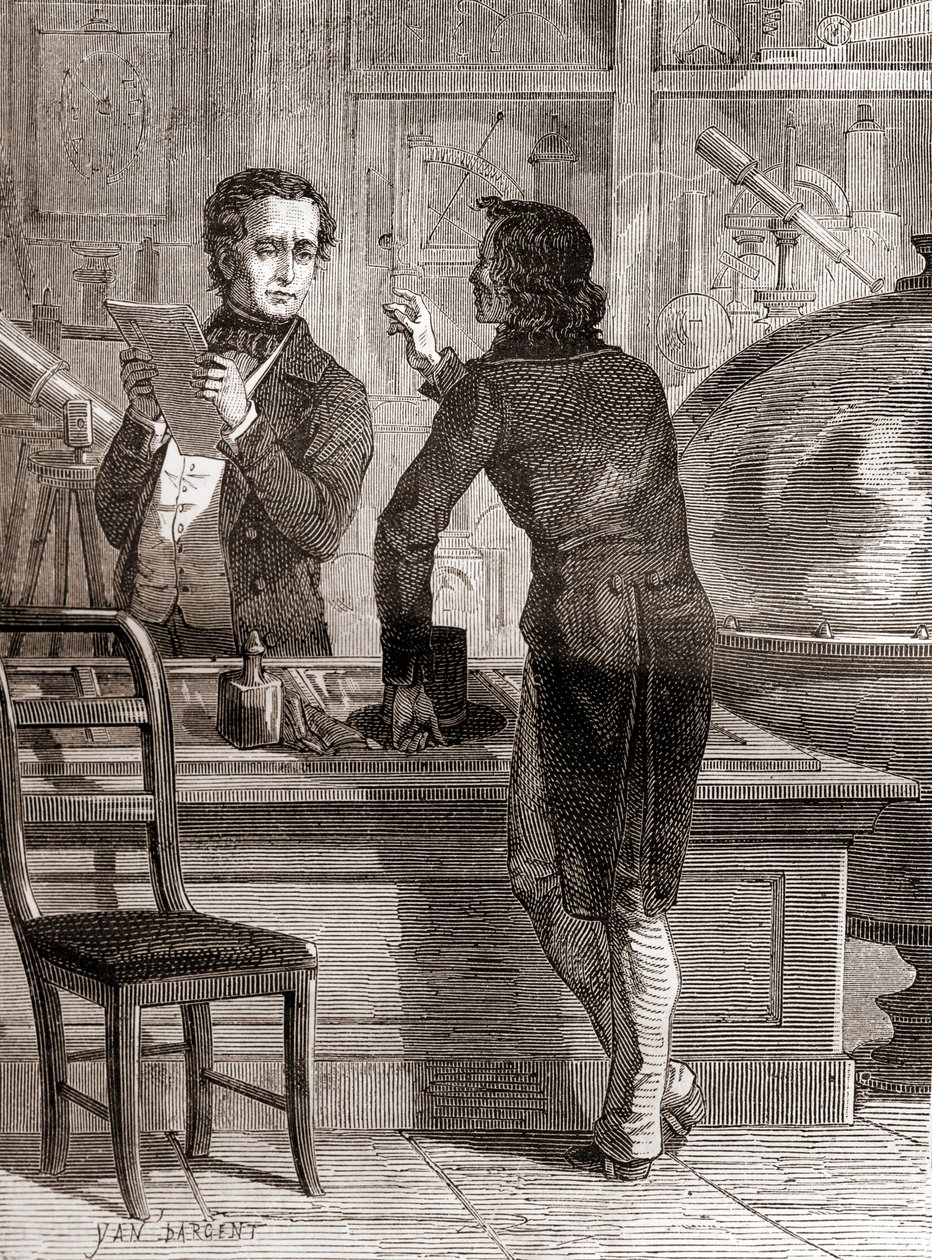 Nicéphore Niépce, embora ainda desconhecido e pobre, na loja de óptica e instrumentos de Charles Chevalier, de Les Merveilles de la Science, publicada c.1870 (gravura) de Unbekannt