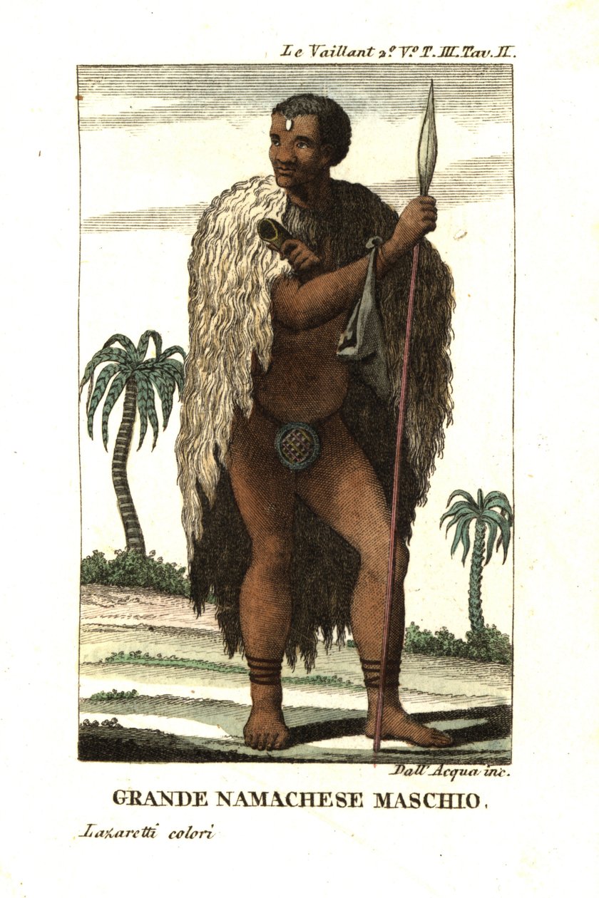 Nobre homem Namaqua da África do Sul. Usa uma capa de peles e um colete e segura uma lança. De François Le Vaillant (Levaillant de Unbekannter Künstler