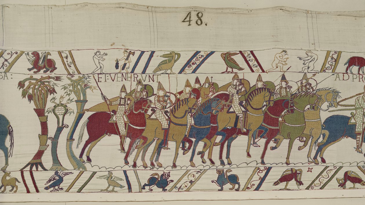 Soldados normandos saindo de Hastings para fazer batalha com Harold, Bayeux Tapestry (bordado de lã em linho) de Unbekannt