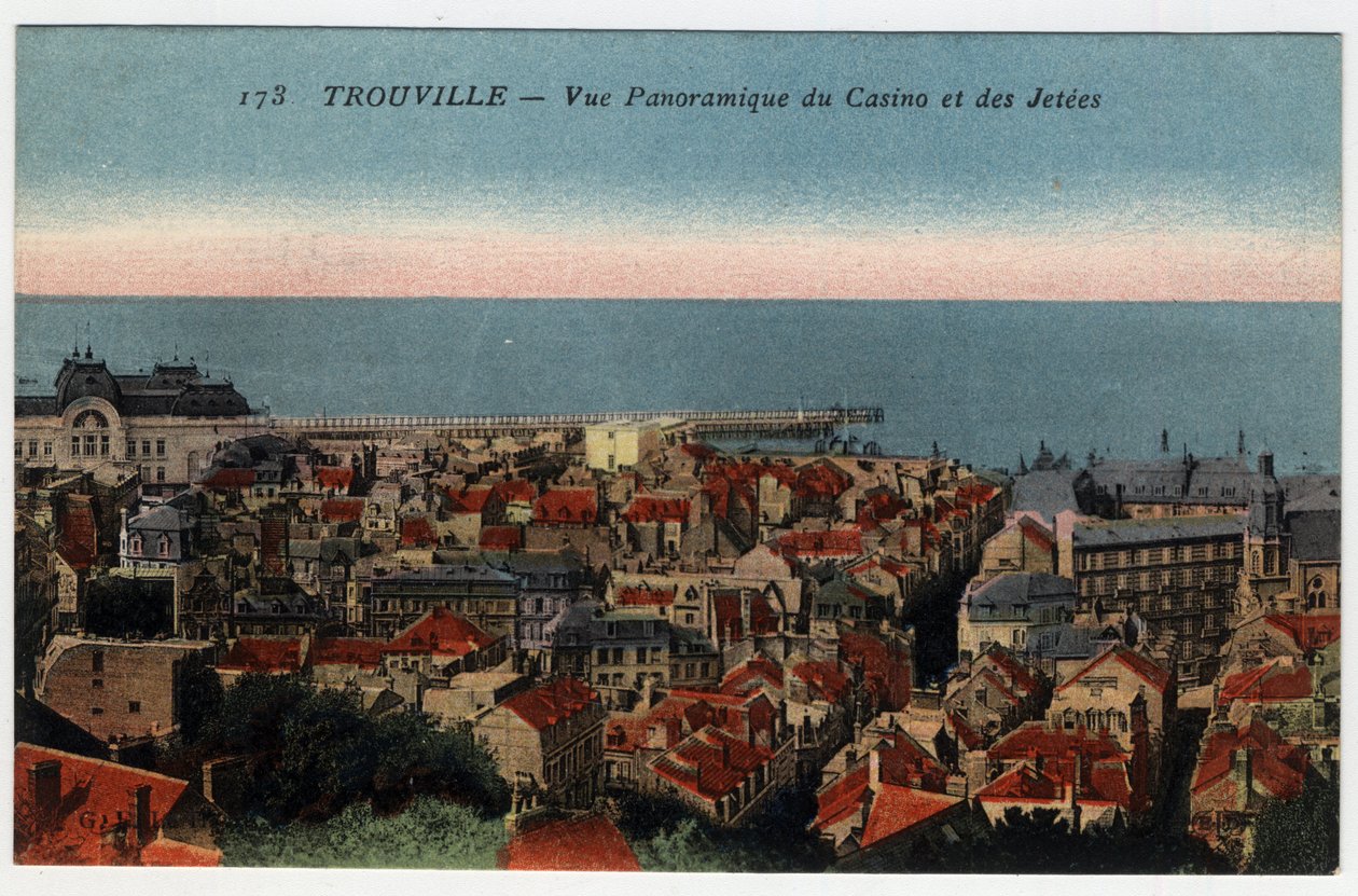 Normandia, Calvados (14), Trouville: vista panorâmica do casino e dos molhes - Cartão postal no final do século XIX-20 de William M. Timlin