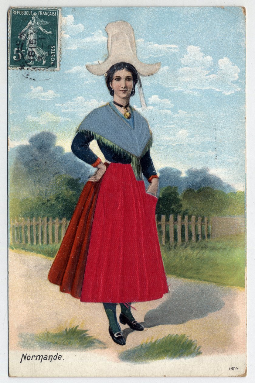 Normandia: retrato de uma mulher normanda em vestido tradicional e toucado - Cartão postal no final do século XIX-20 de Unbekannt