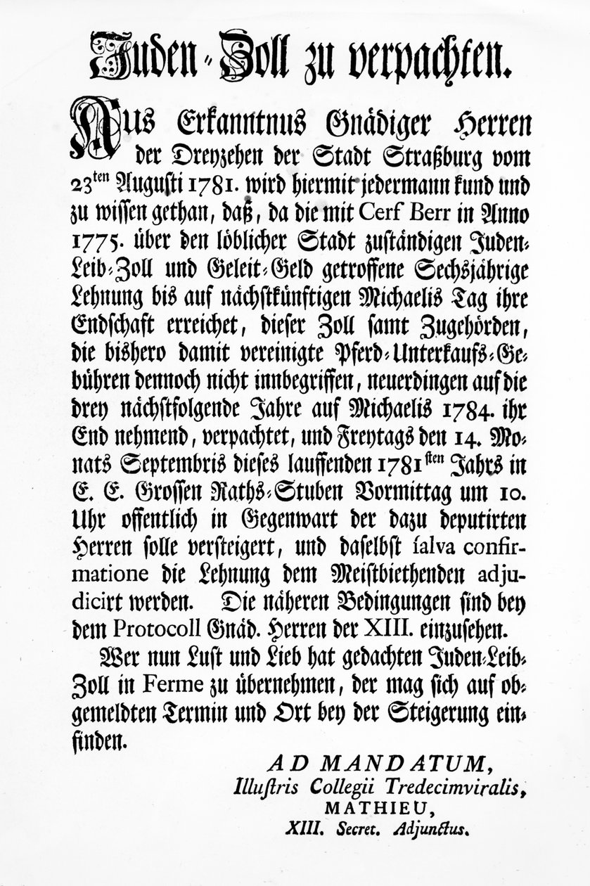 Notificação pelo Órgão de Governo de Estrasburgo dos Treze (Tredecim Viri) de um leilão público do direito de cobrar o "Juden Zoll" durante 3 anos de Unbekannt