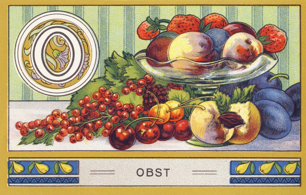 O : Obst - Alfabeto Palmin. Série de cromolitógrafos publicada por H. Schlinck & Cie, Hamburg, n.d. . Anúncio para Palmin feinstes Cocosfett. Tamanho : 7 x 11 cm de William M. Timlin