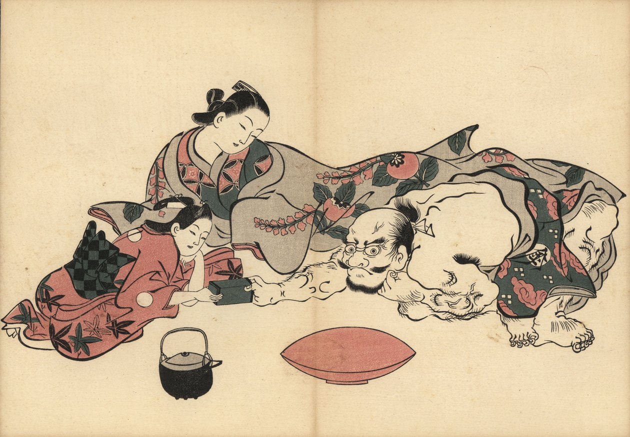 A cortesã de Oiran assiste a uma prova de força entre a sua kamuro (criada) e Kinpira, o famoso homem forte. Em frente, um jarro de saké e uma taça para beber. Gravura em xilogravura de Masanobu Okumura (1686-1764) de Fuzoku Emakimono, Pergaminho com image de Unbekannter Künstler