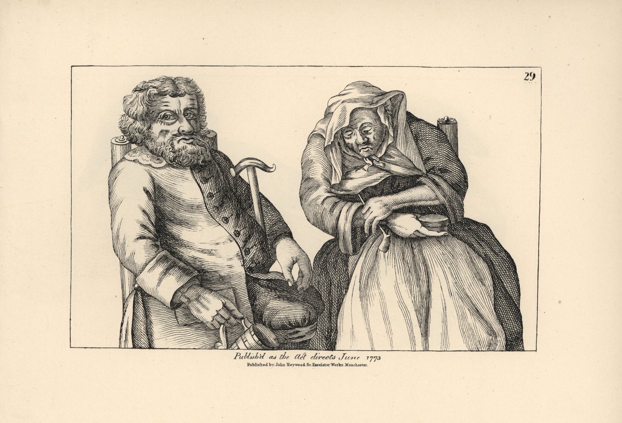 O velho Darby com a caneca vazia e Joan com o seu cachimbo de tabaco. Gravura em talhe-doce segundo uma ilustração satírica de Timothy Bobbin (John Collier) (1708-1786) de Human Passions Delineated, John Haywood, Manchester de Unbekannter Künstler