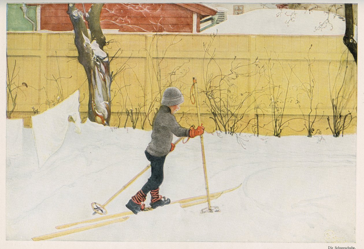 Um dos filhos do ilustrador sueco Carl Larsson (1853-1919) a aprender a andar de esqui. Desenho de "Das haus in der sonne" 1921 de Unbekannt