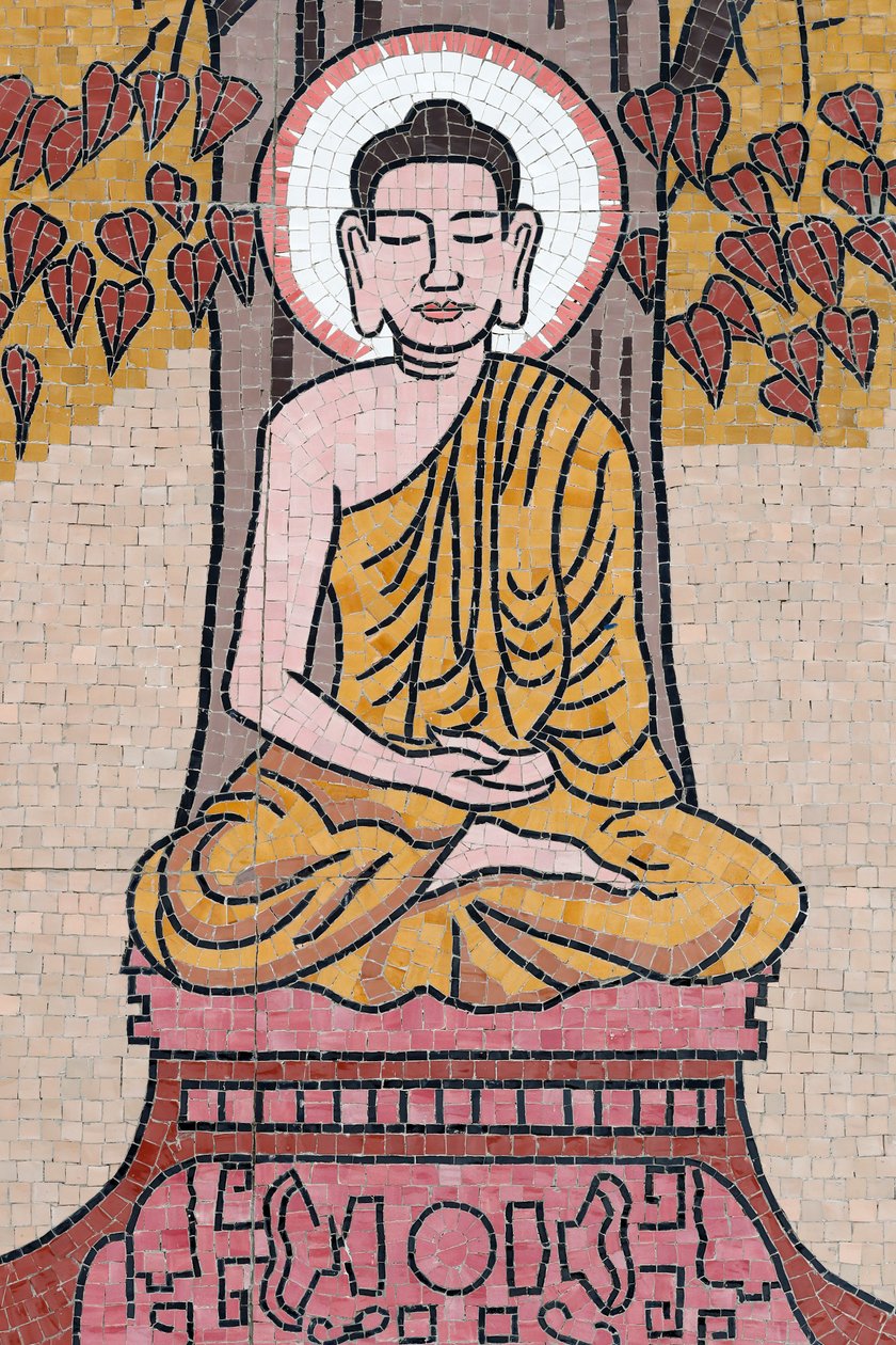 Ong Nui budista pagode, Afresco de parede, A vida do Buda, Shakyamuni Buda sentado na pose de meditação sob a árvore Bodhi, Quy Nhon, Vietnã, 2019 (foto) de Unbekannt