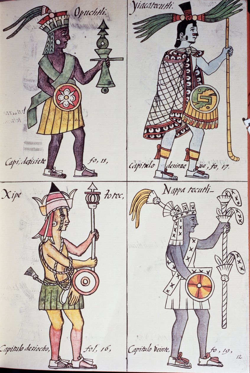 Opochtli, Xipe Totec, Yacatecuhtli e Nappatecutli, Página do Códice Florentino, Versão em espanhol e Nahuatl, História Geral das Coisas da Nova Espanha (Historia general de las cosas de Nueva Espana), Asteca de Benjamin Baud