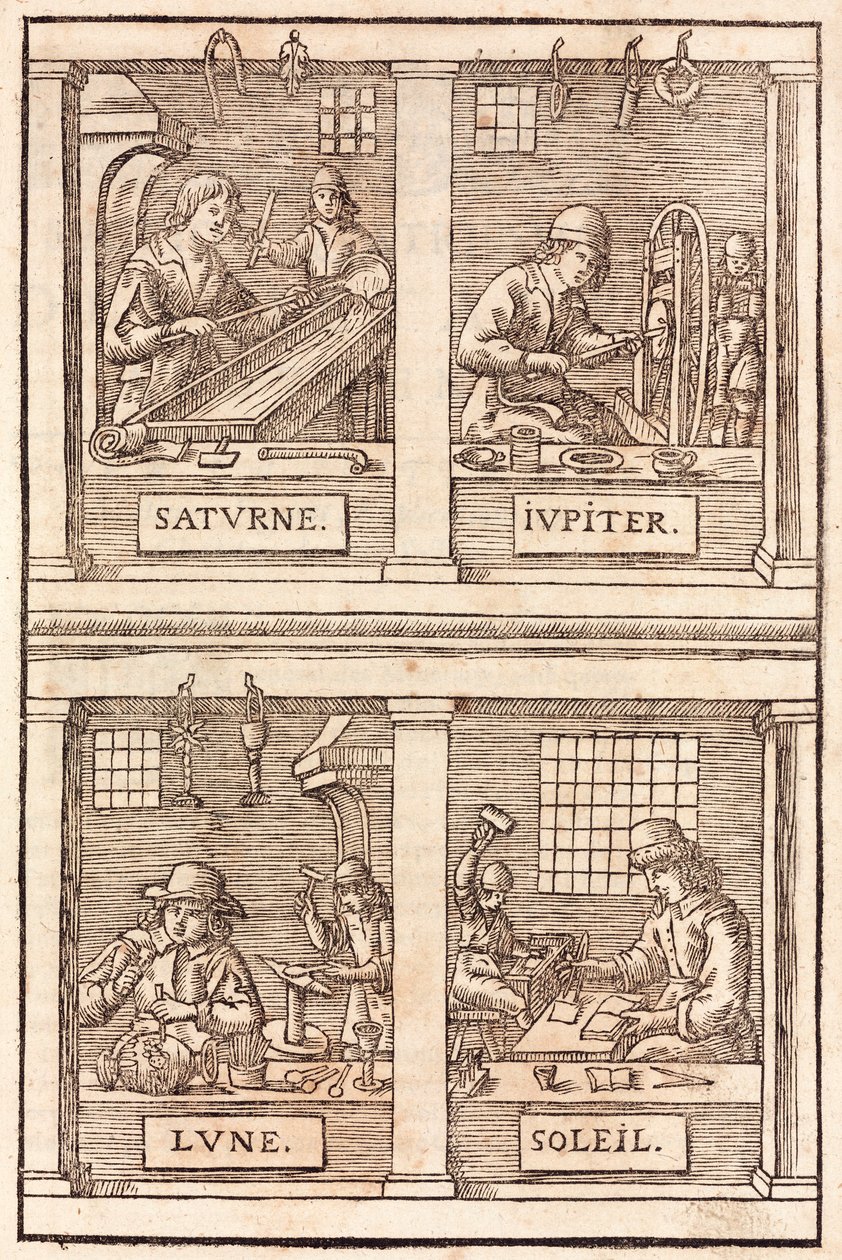 Ourivesaria e símbolos alquímicos : Saturno e chumbo, Júpiter e estanho, Lua e prata, Sol e ouro - Ourivesaria e Prateleiros Simbolismo alquímico de Unbekannt