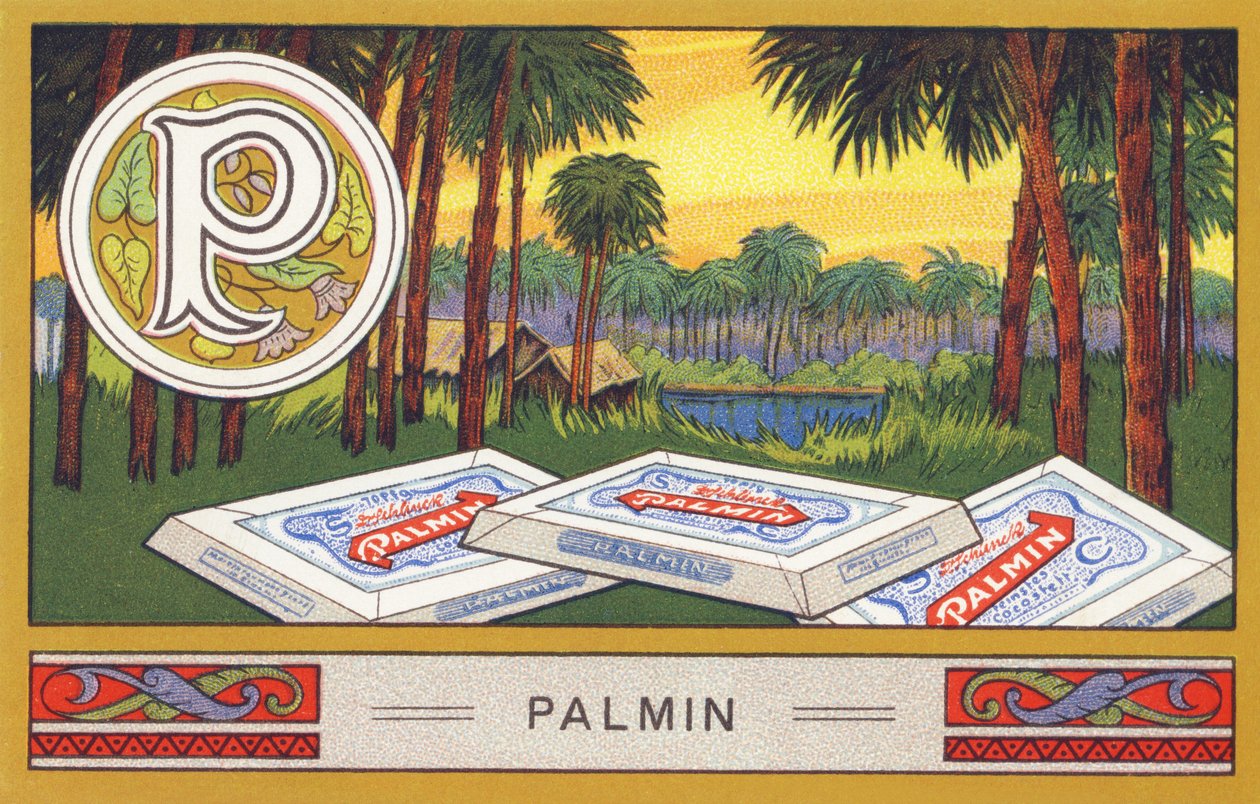 P: Palmin - Alfabeto Palmin. Série de cromolitógrafos publicada por H. Schlinck & Cie, Hamburg, n.d. . Anúncio para Palmin feinstes Cocosfett. Tamanho : 7 x 11 cm de William M. Timlin