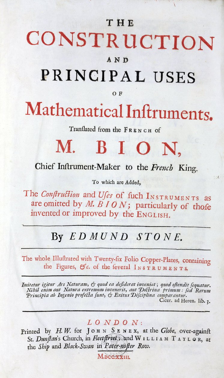 Página de título do livro de Nicolas Bion (1652-1933) sobre instrumentos matemáticos, tradução inglesa, com a adição de "English improvements", publicado em Londres em 1723 de Unbekannt