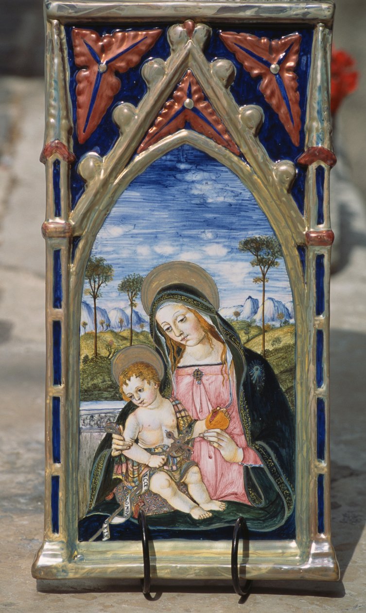 Azulejo de cerâmica pintado representando Madonna e Child, Gualdo Tadino, Umbria, Itália de William M. Timlin