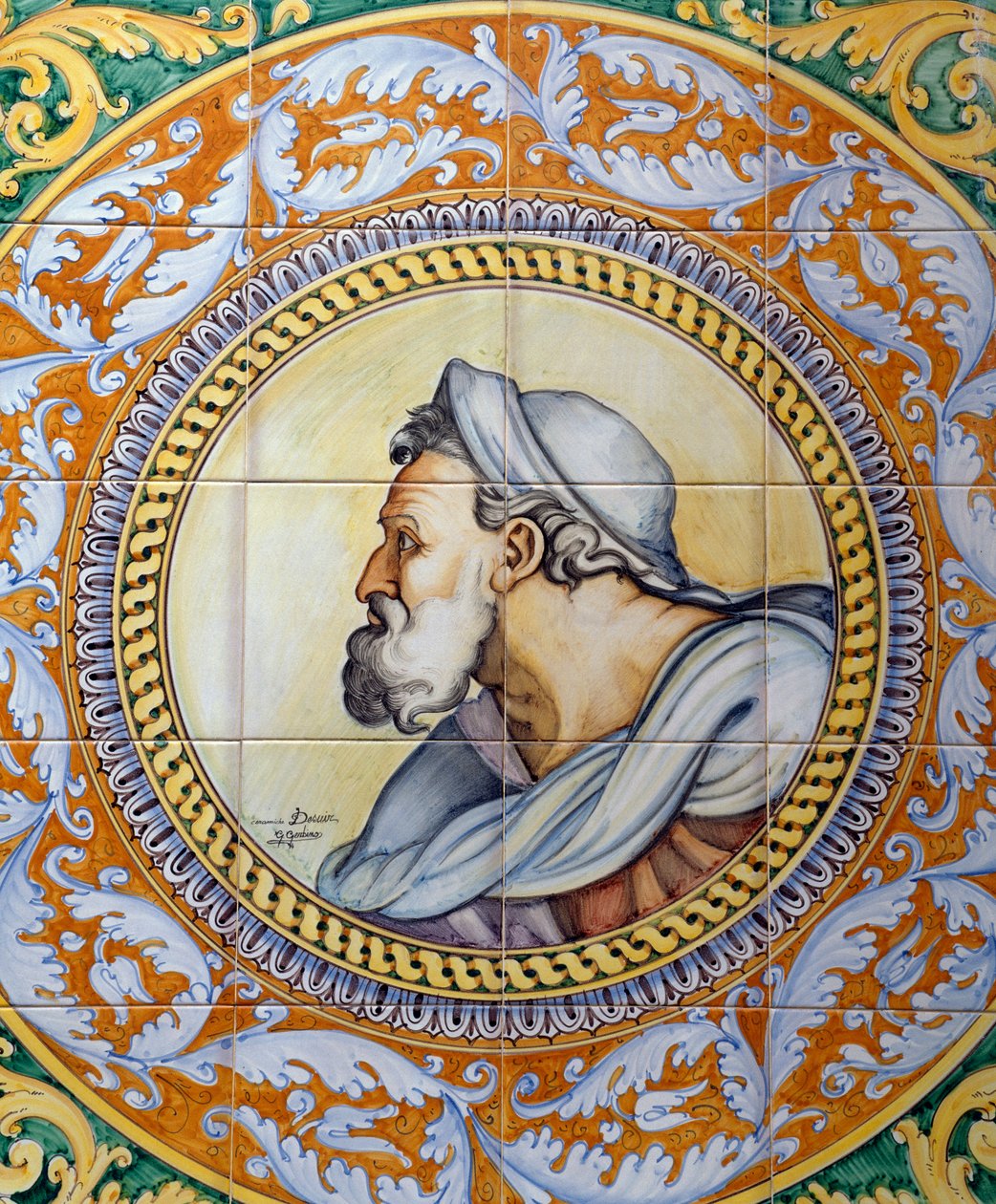 Painel maiolica pintado retratando a cabeça do velho em estilo Michelangelo, feito pela Ceramiche Desuir, Santo Stefano di Camastra, Sicília, Itália, Detalhe de William M. Timlin
