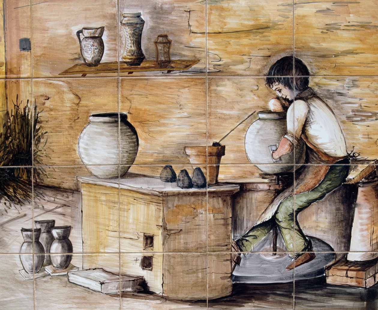 Painel maiolica pintado retratando a cena da cerâmica, feito à mão pela Ceramiche Desuir, Santo Stefano di Camastra, Sicília, Itália, Detalhe de William M. Timlin