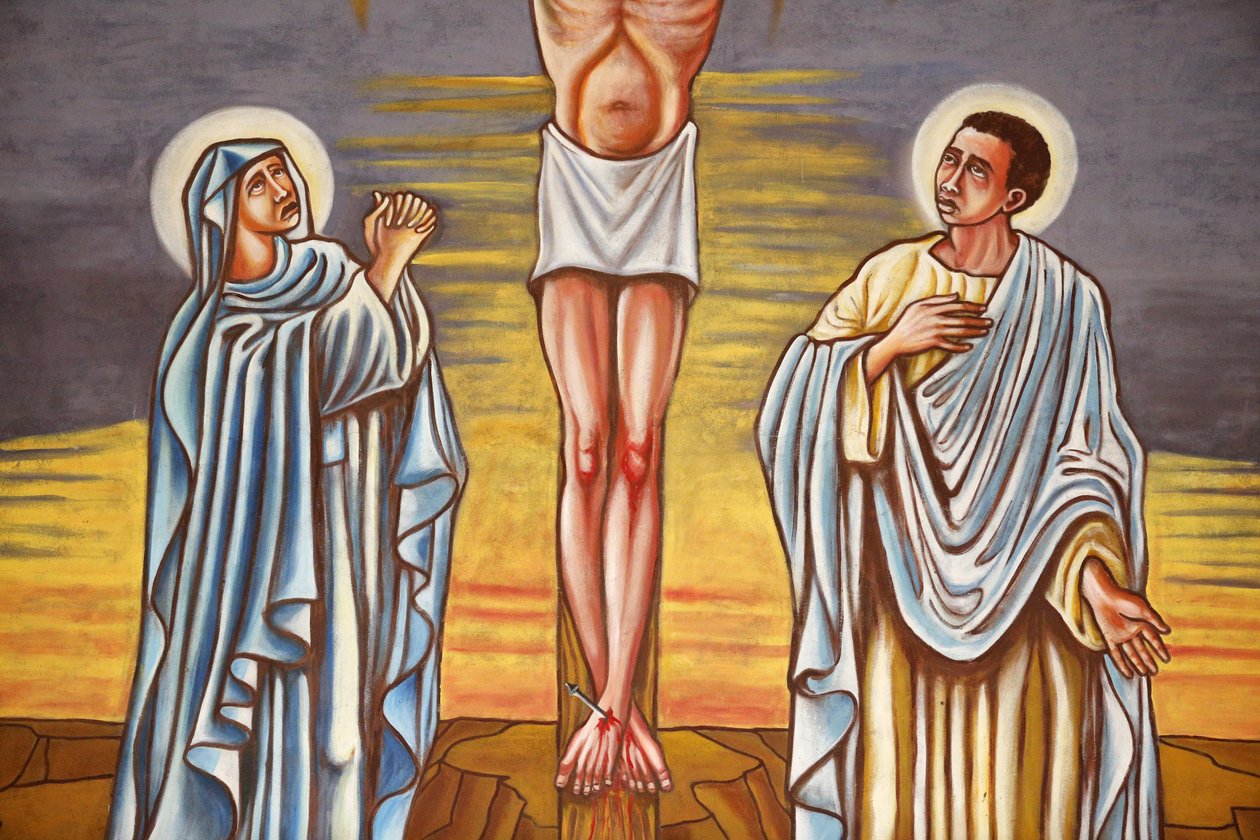 Pintura. A crucificação de Jesus Cristo. A Virgem Maria e São João, Aneho, Togo de Unbekannt