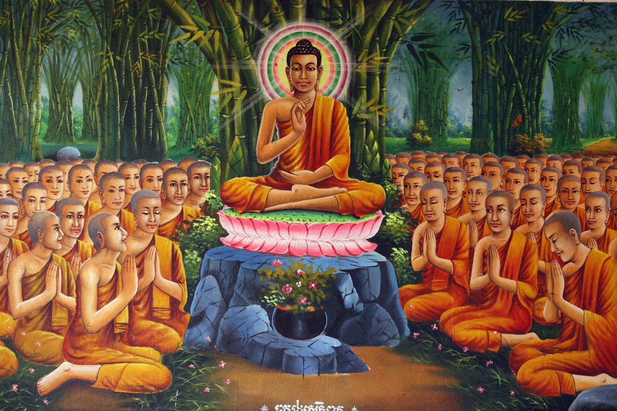 Pintura retratando ensinamentos de Buda para monges Udong Cambodge de Unbekannt