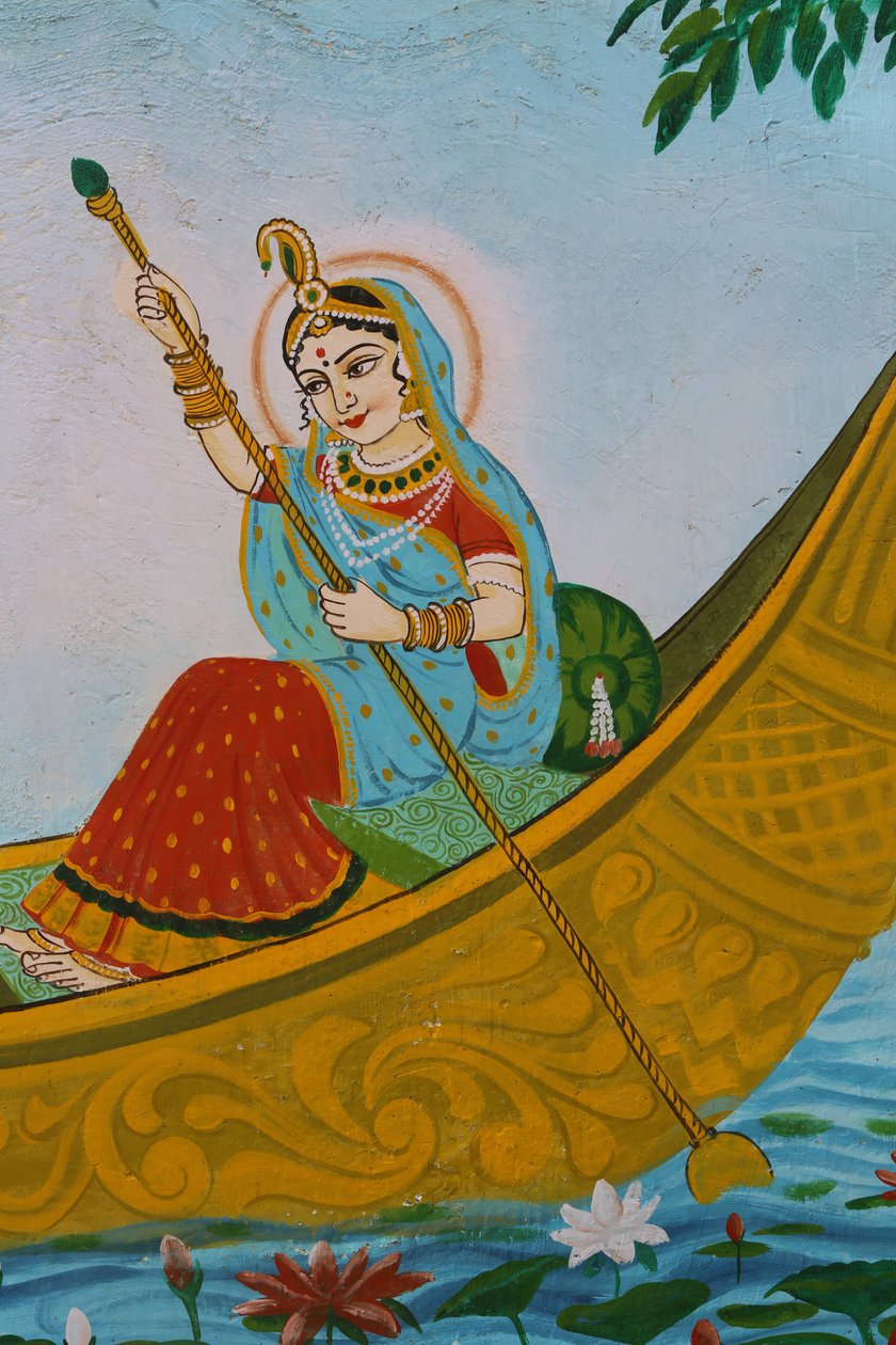 Pintura retratando Sri Radha (o consorte de Krishna) remando um barco. Índia de Unbekannt