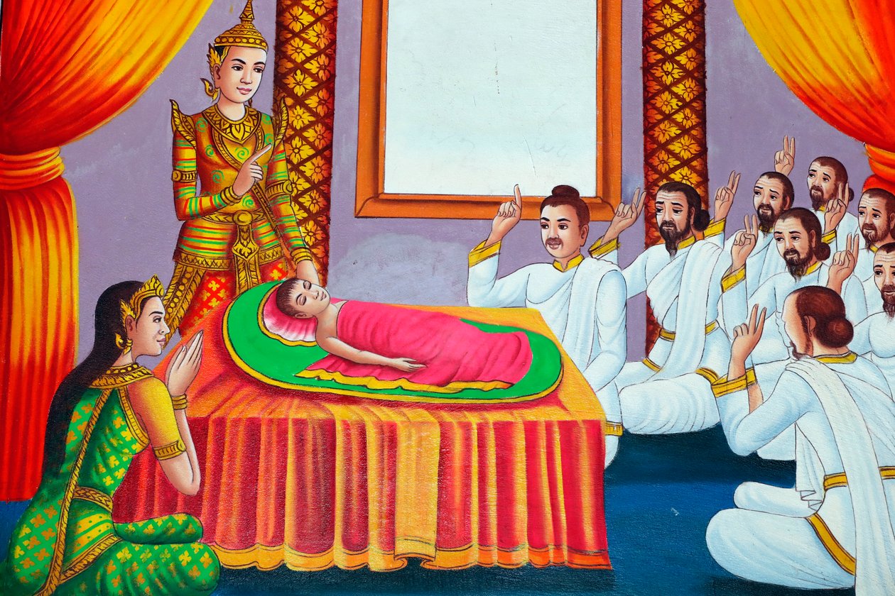 Pintura retratando a história de vida de Shakyamuni Buda. Buda quando criança. Kep. Camboja. (foto) de Unbekannt